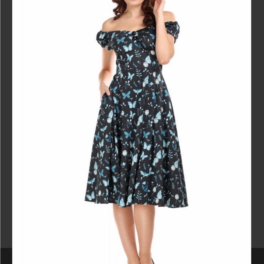 Collectif Dolores 1950’s Retro Pin-up Style Dress with Blue Floral Design Sz 4XL - Picture 6 of 6